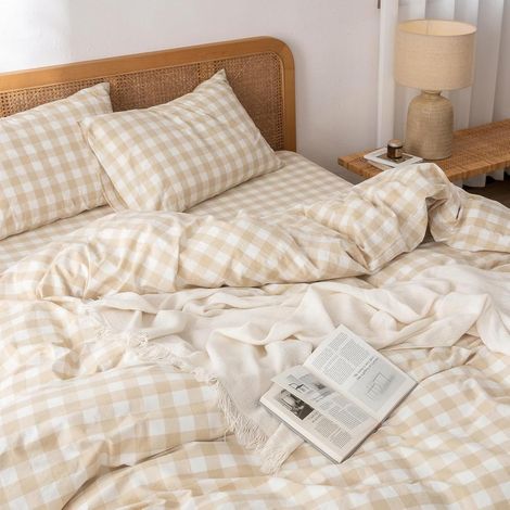 Housse de Couette 220x240 Carreaux Vichy Beige Blanc Grille avec 2 Taies d'oreiller 65x65cm Parure de lit 2 Personnes Adulte Ado Sets de Housse Couette en 100% Microfibre avec Fermeture Éclair