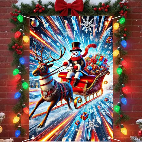 Bannière de Noël à suspendre à la fenêtre, décoration festive, toile de fond bonhomme de neige et Père Noël pour les fêtes de fin d'année - 80 x 120 cm (polyester) - 5