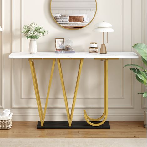Tavolo da pranzo 120 x 29,5 x 80 cm in MDF e metallo, bianco effetto marmo DESVIAE (1/5)