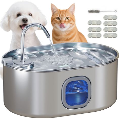 Trinkbrunnen für Katzen und Hunde mit LED-Beleuchtung – 7 Bürstenfilter – Edelstahl 304 – 32 x 22,1 x 22,3 cm – Silber