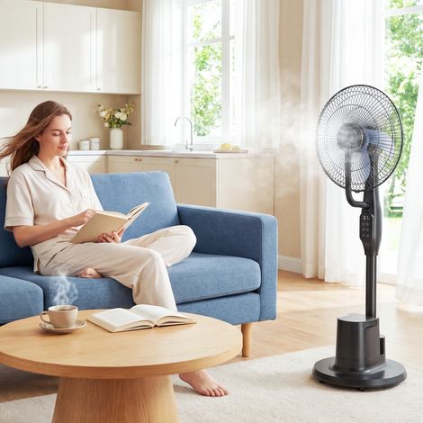 Ventilateur brumisateur silencieux 90W pied 128cm oscillation 70° 3 vitesses 3 modes minuterie, noir