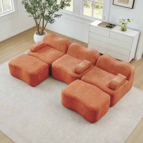 Canapé modulable U 3 places avec 2 ottomans, mousse haute densité 32D, velours orange HAVRYA (1/5)