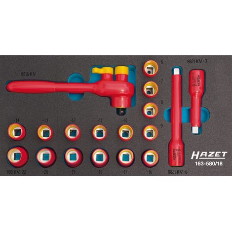 Jeu de douilles isolées HAZET 163-580/18 carré creux 10 mm (3/8 pouce) extérieur double hexagone traction profil 8 - 22 Nombre d'outils : 18