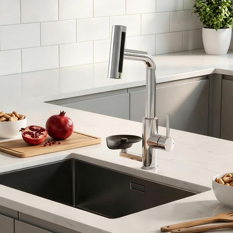 Robinet mitigeur de cuisine avec rondelle en verre, 4 modes de pulvérisation, haute pression, extractible 1 trou avec rinceur en verre, robinet à poignée unique en acier inoxydable (1/5)