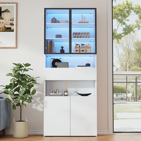 Vitrine 70x30x200 cm avec tiroirs, placards et portes vitrées LED, armoire haute bibliothèque autoportante blanche, meuble salon rangement moderne (1/5)