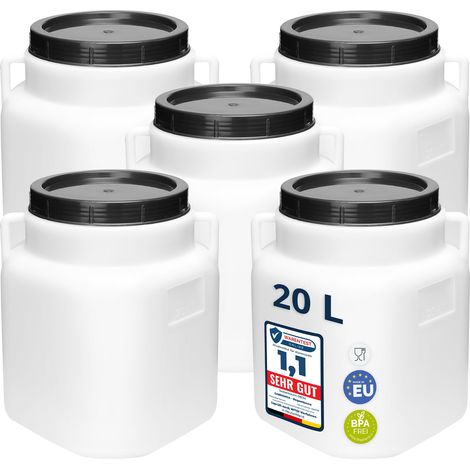 Garronda Lot de 5 fûts alimentaires carrés 20 L en HDPE sans BPA, à large ouverture avec couvercle, pour eau, aliments, choucroute et fermentation, blanc GD-0134