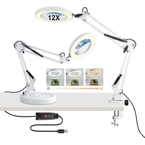 Lampe Loupe 12X Lumière LED, 3 Modes de Couleur & 10 Niveaux de Luminosité, Bras Flexibles en Col de Cygne, Lampe de Table Mains Libres pour Réparation, Soudure, Travaux Manuels et Lecture (1/5)