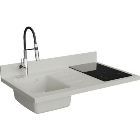 Plan de travail monobloc PlaniQuartz avec évier - 100 cm - Snova - évier à gauche - Plaque de cuisson Induction (1/5)