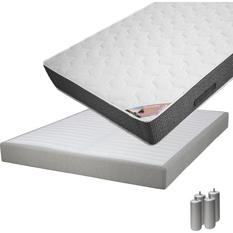 BERMUDES - Pack Matelas 140x190 + Sommier Tapissier Démontable 2x20 Lattes Lin + Pieds Argent 15cm (1/5)