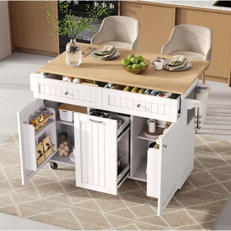 Isla de cocina 140x40-70x92 cm blanco y natural en MDF con encimera extensible y ruedas