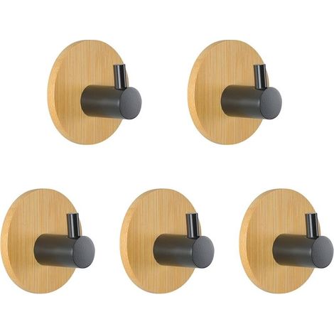 Wooden sticky hooks, 5 pieces sticky door hooks, black, bamboo towel rack, sticky hooks for kitchen, bathroom, office doors (1/3)