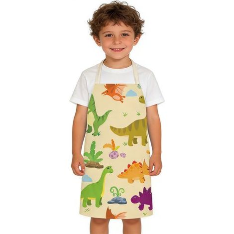 Grembiule per bambini con motivo di dinosauri in stile cartone animato, ideale per dipingere e cucinare in cucina. Consigliato per bambini e bambine. (1/5)
