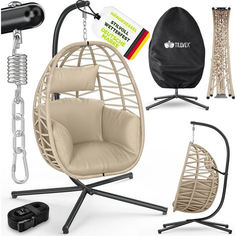 tillvex® Hängesessel mit Gestell Outdoor & wetterfester Abdeckung inkl. Befestigung Hängekorb klappbar bis 150 kg Hängesitz aus Rattan Hängestuhl für Indoor Garten Balkon Terrasse (1/5)