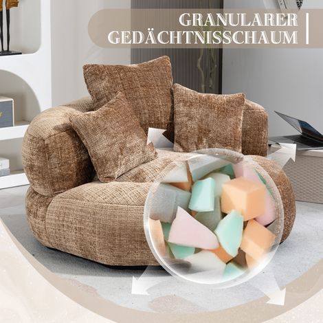 Fauteuil poire Cosy Lounge, canapé inclinable résistant, dossier haut, 3 coussins, adultes et enfants, usage intérieur/extérieur, siège détente pour chambre ou bureau (tissu chenille marron) (1/5)