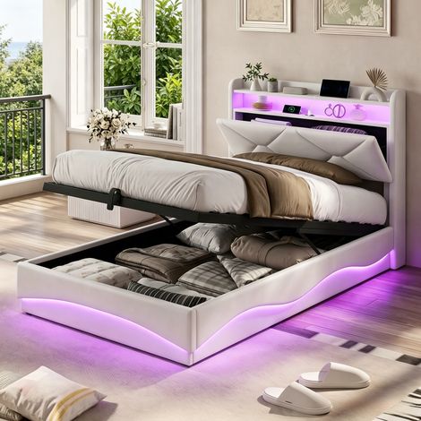 Polsterbett 90 x 200 cm mit LED und USB, Doppelbett mit hydraulisch und Stauraum, modern Jugendbett mit Kopfteil, Bettgestell mit Lattenrost,Velour
Beige, Ohne Matratze (1/5)