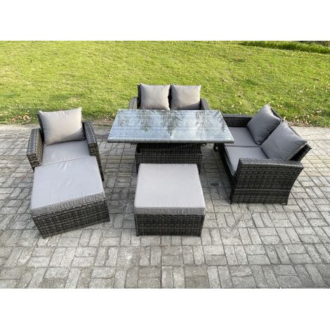 Fimous 7 Seater Wicker Rattan Garden Furniture Rising Table Set with 2 Big Footstool Double Seat Sofa Armchairs Dark Grey Mixed (1/5)