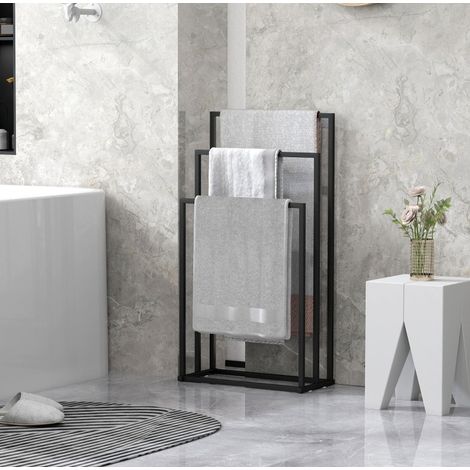 Porte-serviettes sur pied 45 x 21,5 x 85 cm en acier noir, 3 barres, gain de place – MEUBLIV (1/5)