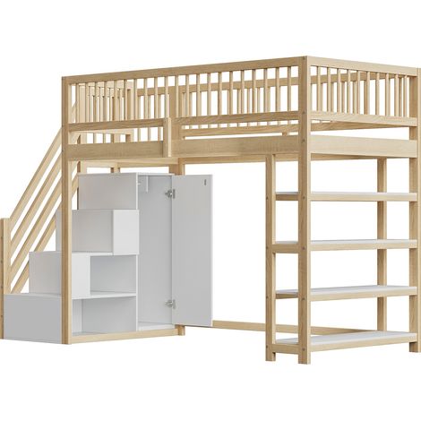 Letto a soppalco 90x200 cm in legno naturale con armadio, scaffali, contenitori e scala (1/5)