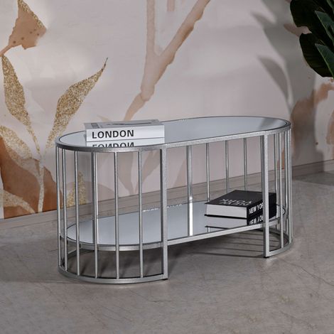 Wohnzimmertisch Fafa, ein Fach, oval, transparente Platte, 90x50x45h cm Silber (1/5)