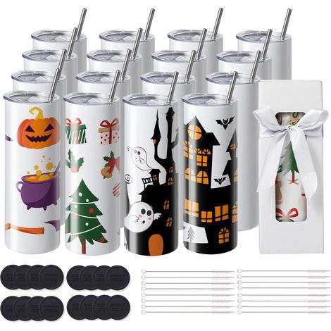 Lot de 16 Tumbler Sublimation 20 oz, en acier inoxydable double paroi, avec pailles, couvercles, brosses, bases, films rétractables et boîtes cadeaux, pour presse à chaud. (1/5)