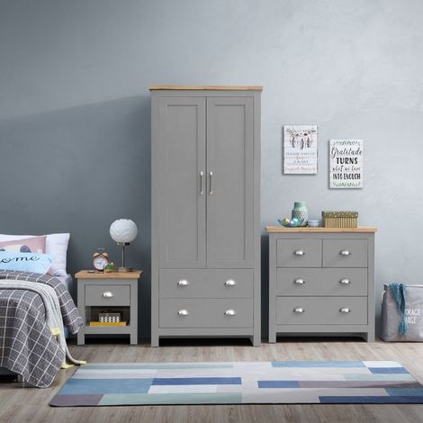 3 – Piece Bedroom Furniture Set Wardrobe 2+2 Chest 1 Drawer Bedside Table Light Grey Oak Top (1/5)