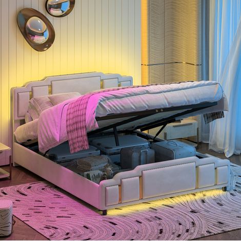 lit coffre adulte 140x200 velours beige LED doré luxe HAVRYA (1/5)