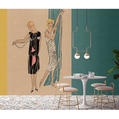 Papier peint panoramique mode années 20 Tapisserie panoramique turquoise, beige & jaune idéale salon Papier peint panoramique avec femmes (1/3)