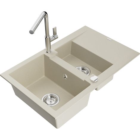 Mexen Gaspar évier en granit 1,5 bac avec égouttoir et robinet de cuisine Flora, beige - 6507-69-670401-00 (1/5)