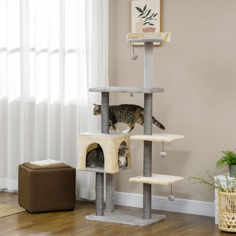 Arbre à chat de 156 cm de haut avec lit, maison et poteaux à griffer en sisal (1/5)