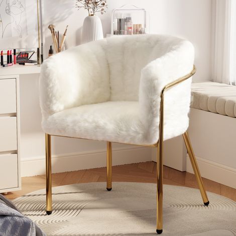 Chaise de loisirs 2 pièces, chaise coiffeuse & salon chambre salle à manger, imitation fourrure lapin, blanche, pieds métal (1/4)