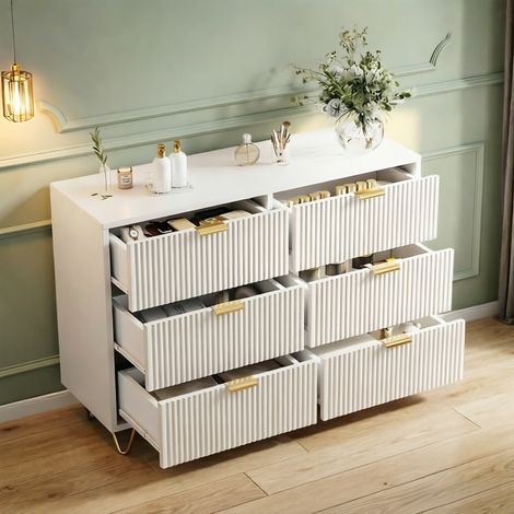 Commode 6 tiroirs blanche–Bois blanc moderne–100 x 34 x 73 cm–Idéale pour salon ou chambre–Scandinave–Poignées et pieds en métal–Finition ondulée