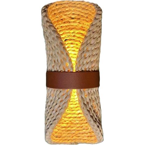 Applique murale en rotin naturel tressé 15 × 30 cm – Lampe style japonais à lumière douce pour chambre, salon, couloir et décoration champêtre (1/5)