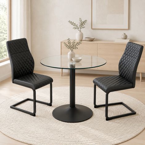 Set tavolo e sedie da pranzo rotondo in vetro 85 cm, 2 sedie nere OKMYHOME (1/5)