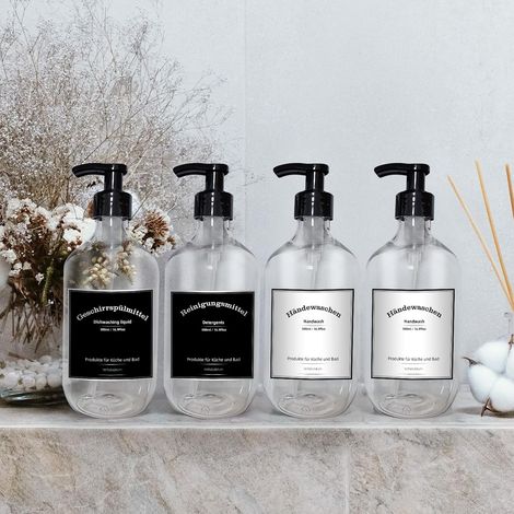Lot de 4 distributeurs de savon en plastique de 300 ml avec étiquettes, bouteilles à pompe pour salle de bain, shampoing (300 ml transparent) (1/5)