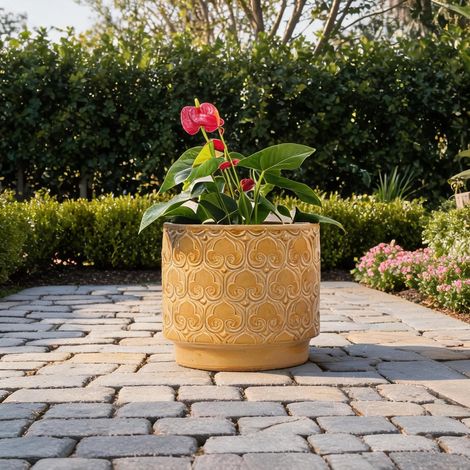 Pot de fleurs en céramique jaune 31,5 cm avec ornement cœur (1/5)