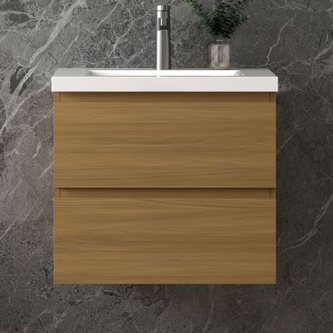 Waschbeckenunterschrank, Walnussfarbe Badezimmerschrank, 2 Schubladen, Unterschrank mit Waschbecken50x37x52cm, TYP A-Keramik Waschbecken, Sanfter Schluss, Badschrank, Unterschrank mit Waschbecken (1/5)
