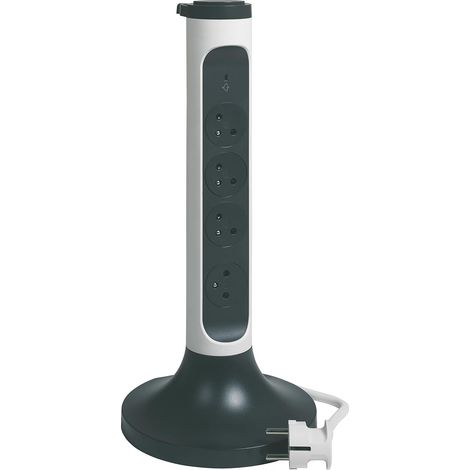 Multiprise Verticale avec Socle avec Interrupteur + Parafoudre - 4 Prises Surface avec Terre - Tour de Branchement Pratique - Cordon 2 m - Blanc et Gris Foncé (1/5)
