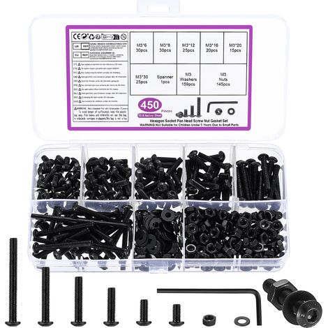 450 Pcs M3 Jeu de Vis et Écrous, Vis Boulon et Écrous à Tête Hexagonale Noir Vis à Tête Hexagonale Ronde et Écrous et Rondelles Assortiment Kit，et Clés，Acier Au Carbone Vis à Six Pans Creux à Tête (1/5)
