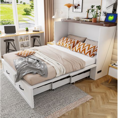 Cama plegable para adultos de 140x200 cm con espacio de almacenamiento, enchufe europeo, estructura de metal y madera, color blanco, ideal para estudio. (1/5)