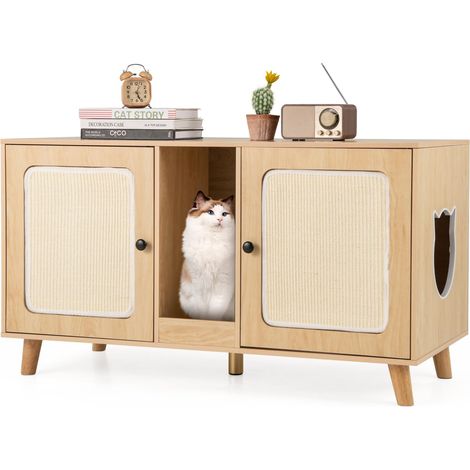 COSTWAY Lettiera Chiusa per Gatti 108 x 50 x 60 cm, Mobile per Lettiera Nascosta per Gatti con 2 Tappetini in Sisal e Ingresso a Forma di Testa di Gatto, Casetta per Animali Domestici (Naturale) (1/5)