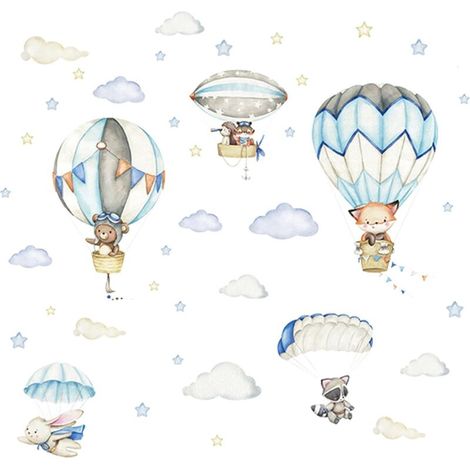 1 Jeu Animal Montgolfière Autocollant Mural Stickers Muraux Animaux en Montgolfière Stickers Muraux Montgolfières pour Chambre Enfants Bébé Pépinière Decor