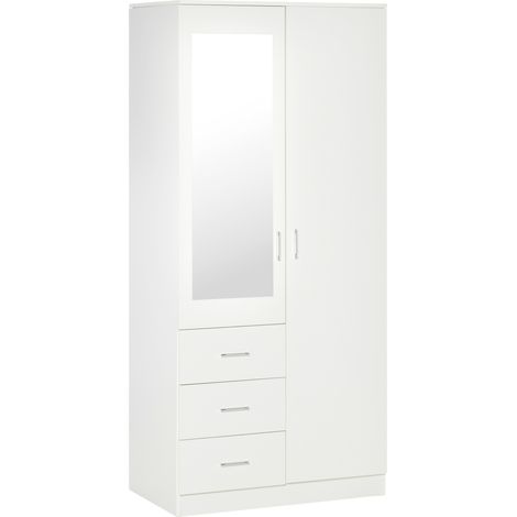 Armario Ropero de 2 Puertas con Espejo 3 Cajones Estantes Ajustables y Barra para Colgar Mueble Auxiliar para Dormitorio Habitación 80x50x180 cm