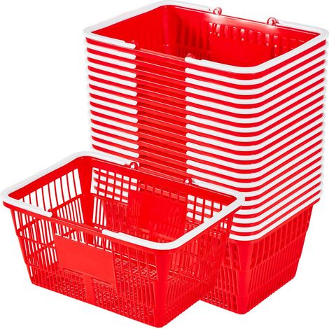Paniers de courses lot 20, 21 L plastique PE empilable, poignées, maille dense, 9,07 kg, pour épicerie, rouge design moderne (1/5)