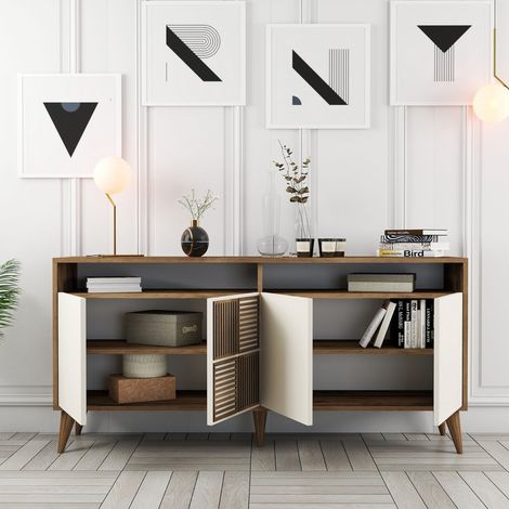 Aparador Thuile, Alacena 2 Estantes, 4 Puertas, 6 Compartimentos, 160x35x78h cm Blanco Crema (1/5)