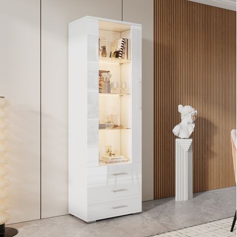 Vitrine mit LED und 3 Schubladen 60x35x180 cm Weiß OKMYHOME (1/5)
