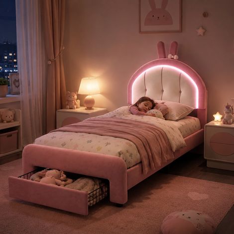 Lit enfant fille 90x200 cm, Lit simple capitonné 90x200 avec éclairage LED, Tête de lit réglable en hauteur, Design lapin, Tiroir de rangement, Sommier à lattes, Velours Rose (1/5)