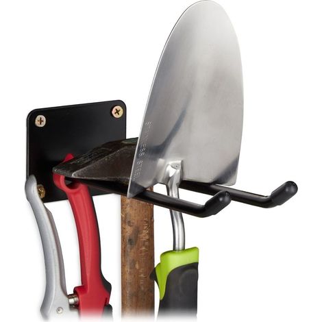 Relaxdays Supports appareils mural, crochet double, pour balais, porte bêches à visser, en acier, 24 cm, noir (1/5)