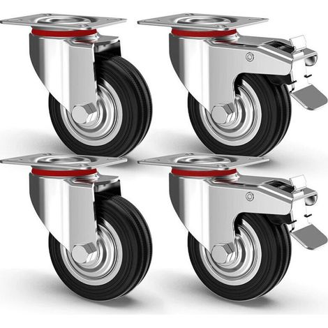 Set of 4 Heavy Duty 360° Swivel Casters with Brake 80x63xH90mm (1/4)