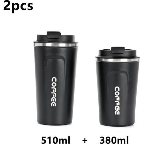 2 tasses à café isolées, tasse de voyage en acier inoxydable pour bureau, voyage en voiture, noir (1/4)