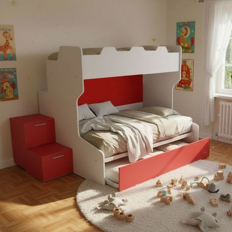 Letto a castello con gradini a cassetti e passerella - Una piazza e mezza e singola - Bianco e Rosso